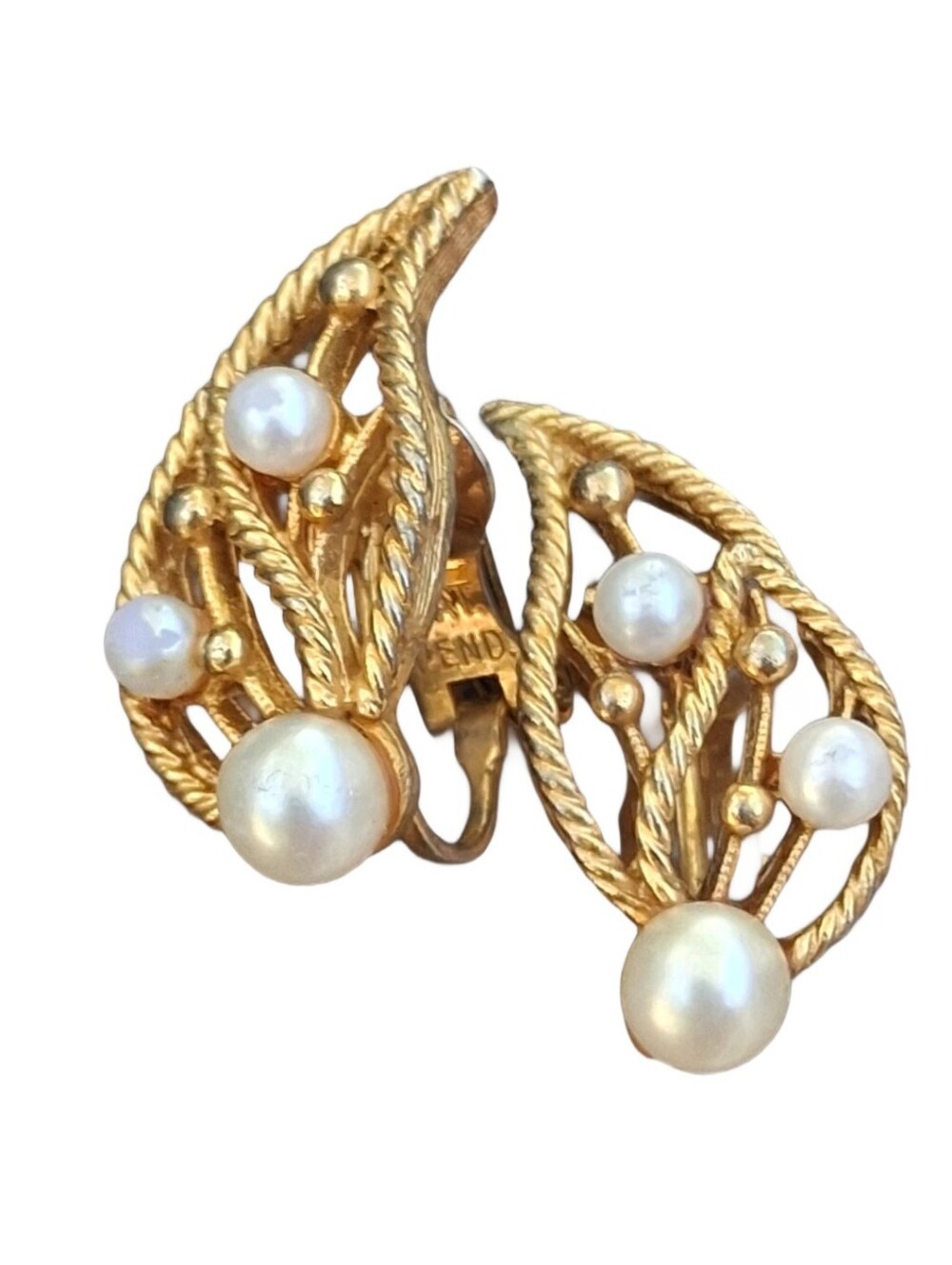 Vintage Marvella Faux Pearl Gold Tone Leaf Clip On Earrings Signed